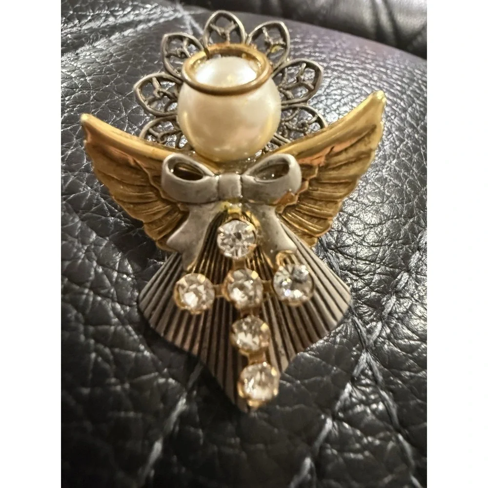Vintage Brooch Pin Angel Gold Silver Tone with Cross Ten Thousand Angels